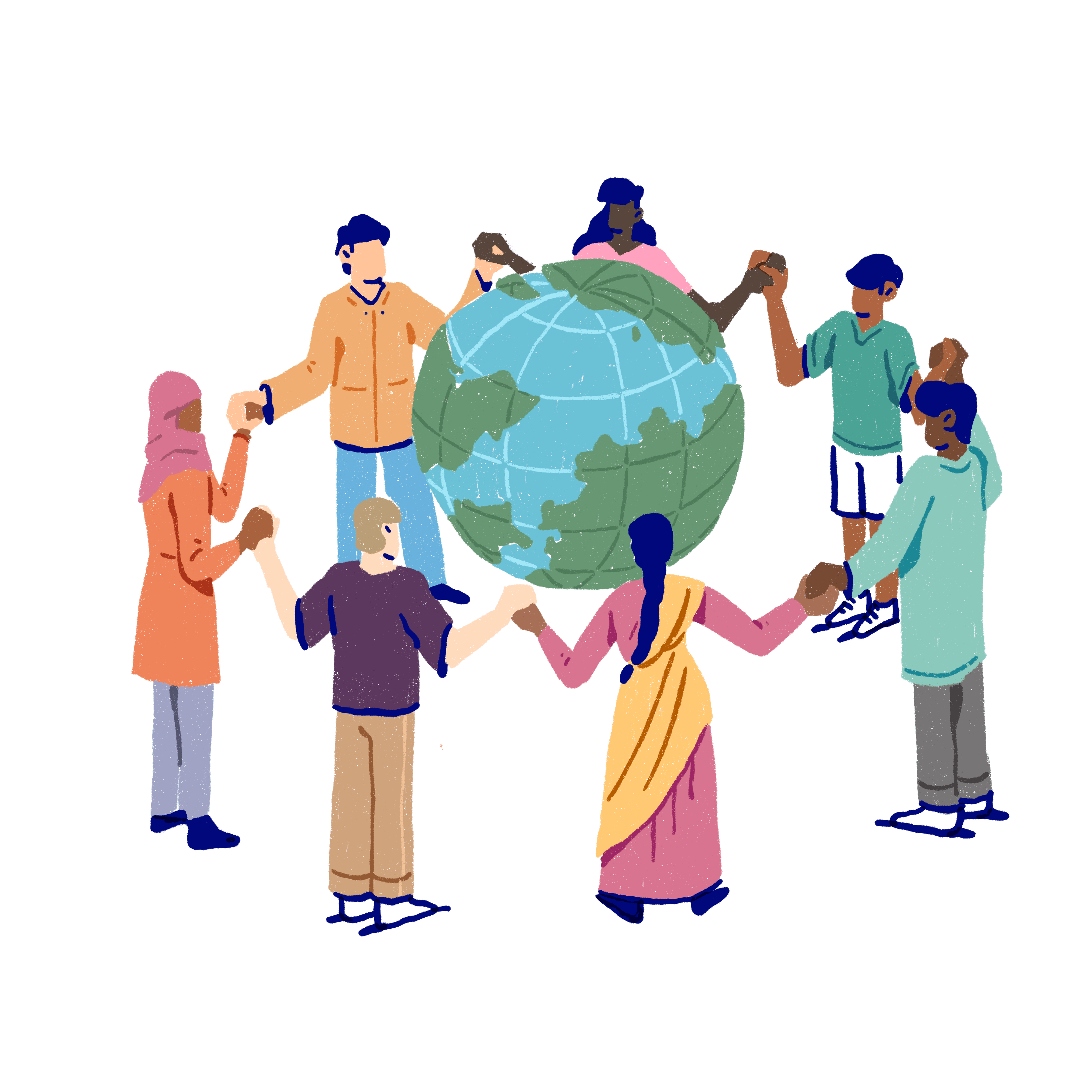 A group of people holding hands around a globe