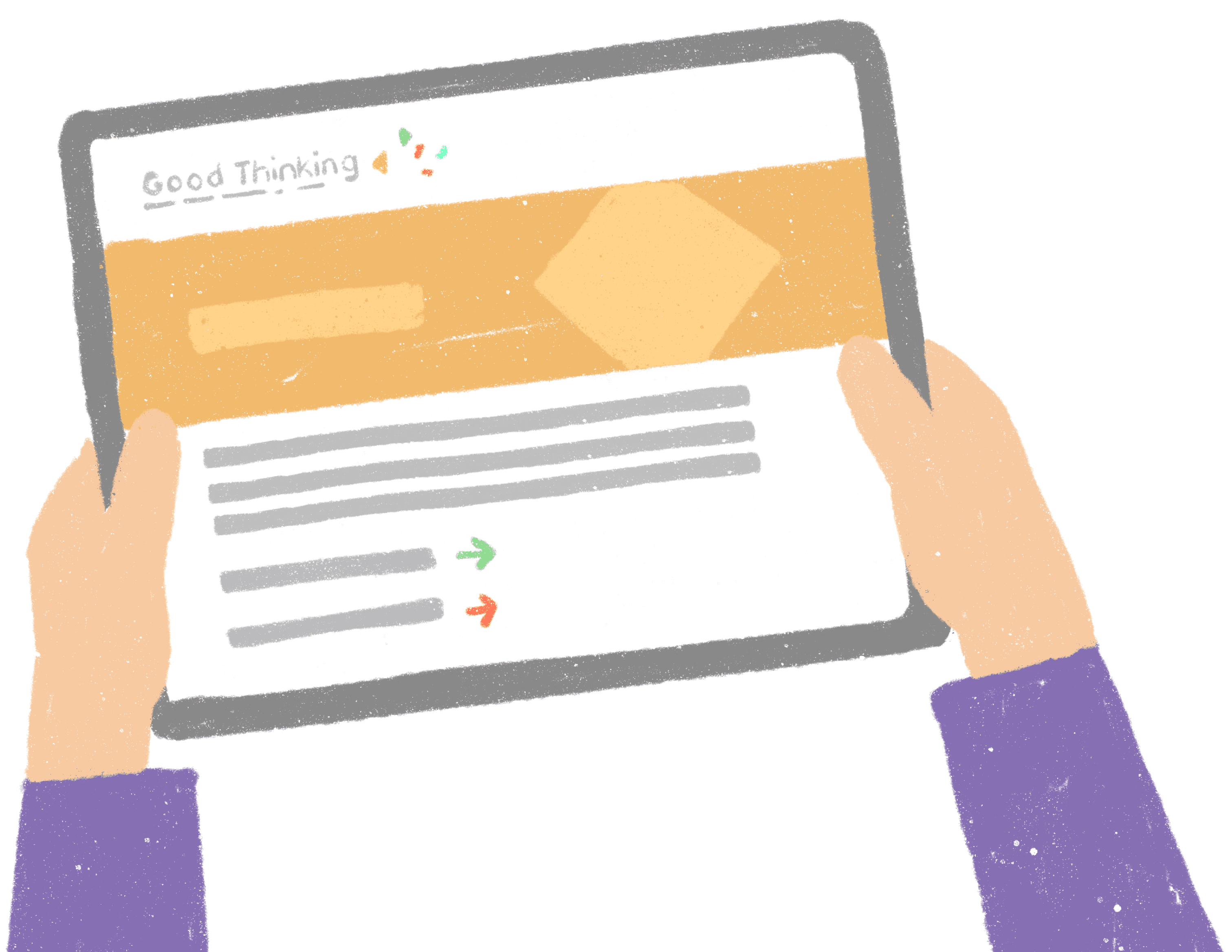 Hand holding a tablet showing a Good Thinking page.png