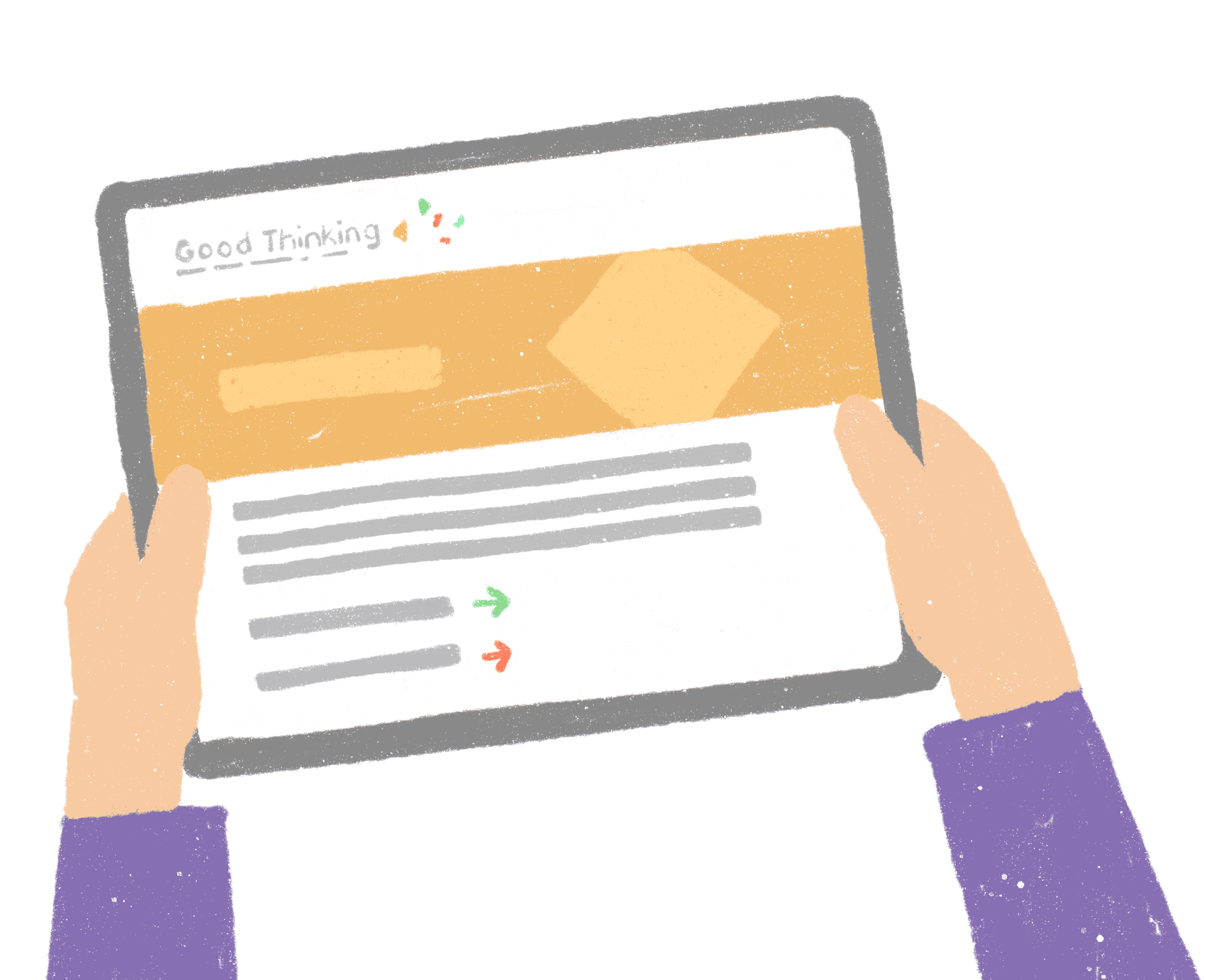 Hands holding a tablet showing a Good Thinking page