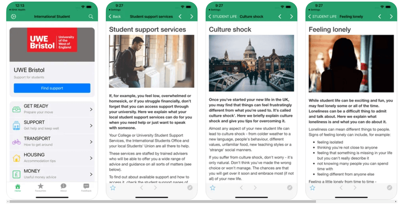 International Student App page examples