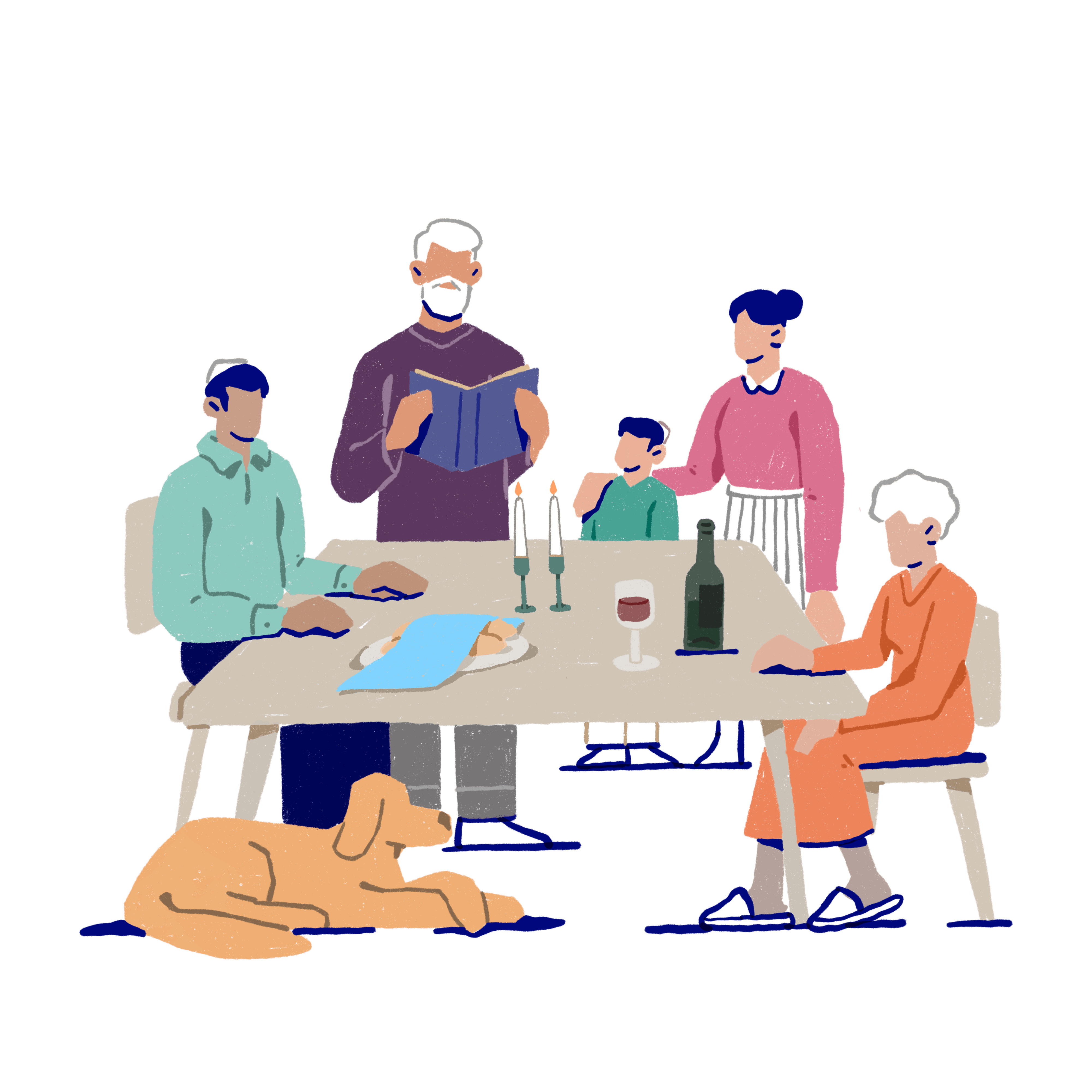 Group of people around a table celebrating Shabbat