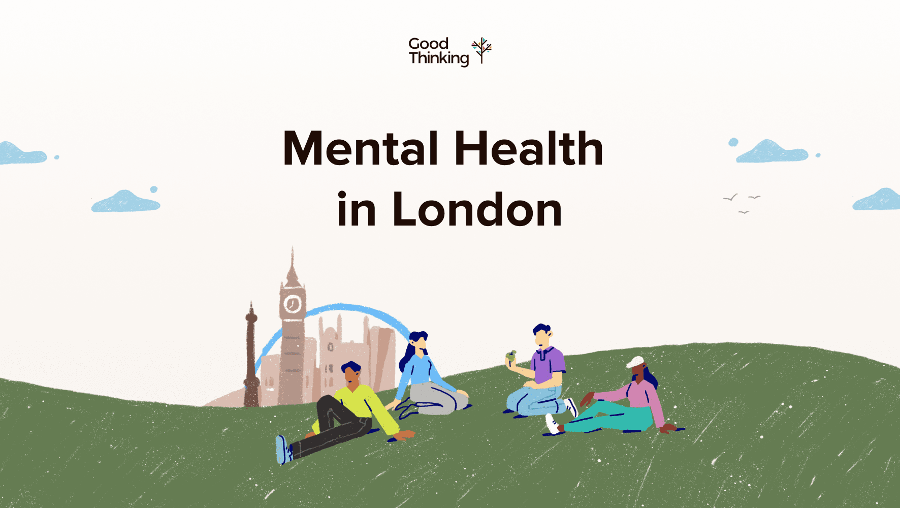 Group of friends sitting on grass in front of London skyline