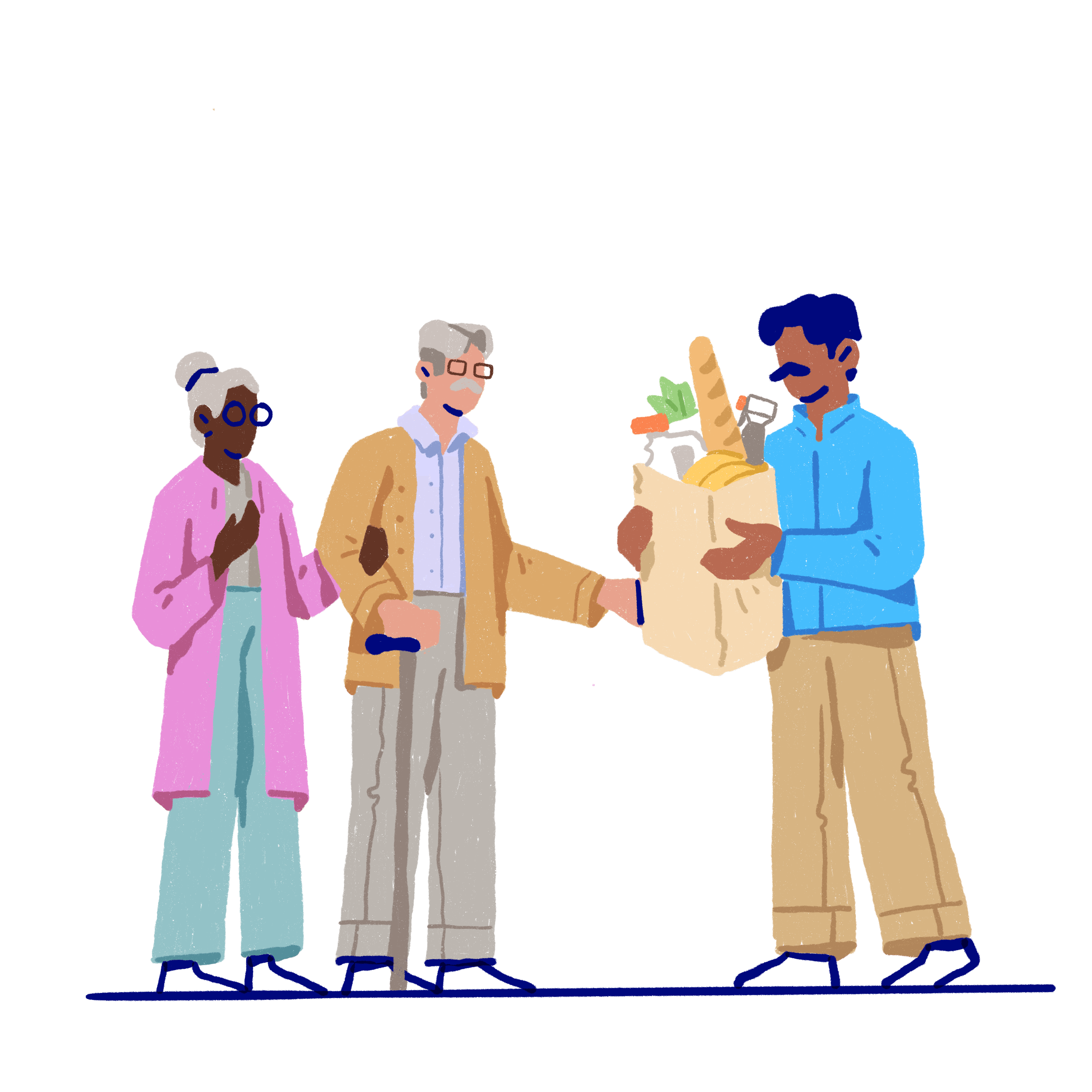 Person giving a bag of food to two older people