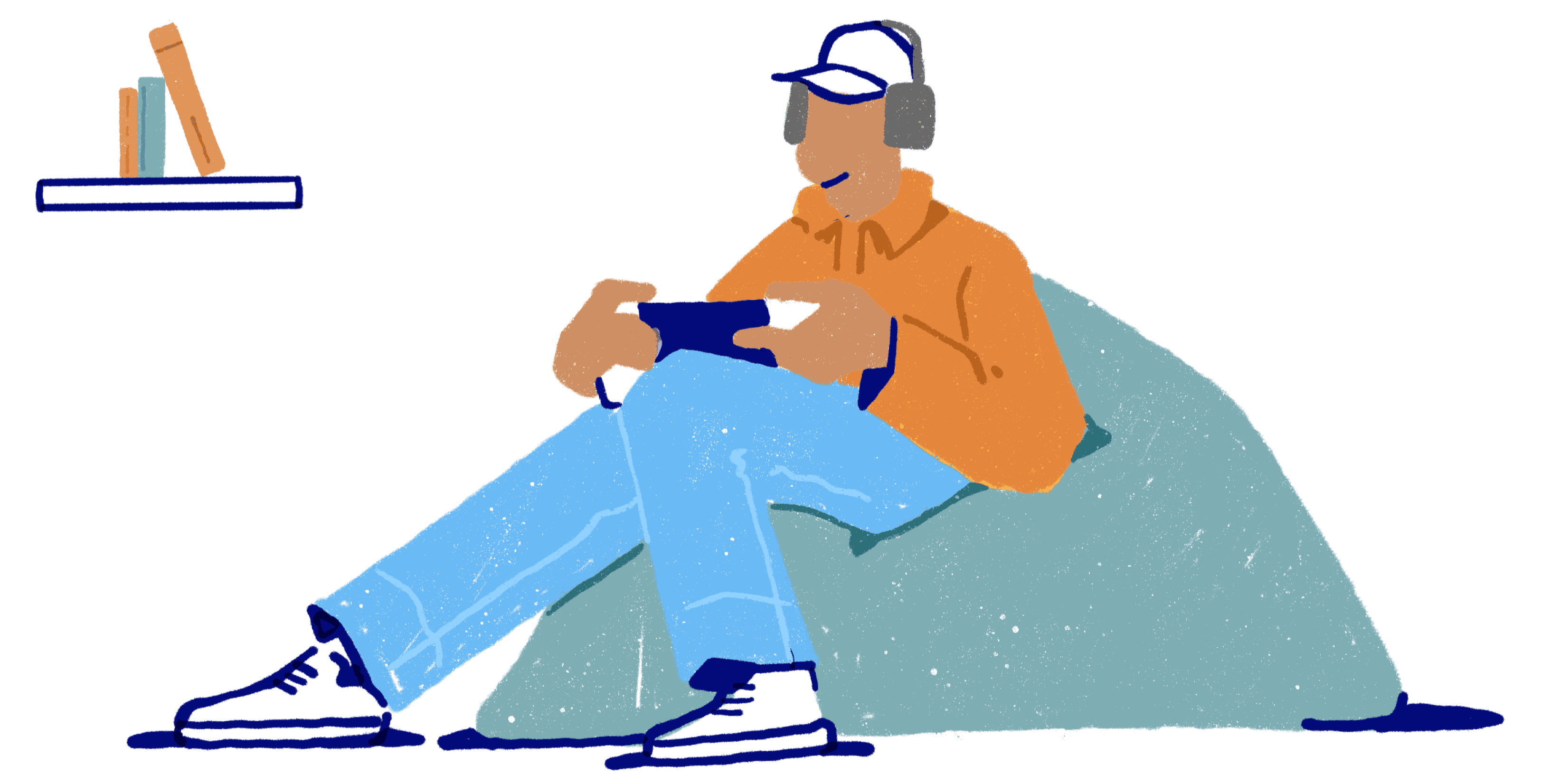 Young person on a beanbag using a tablet and wearing headphones