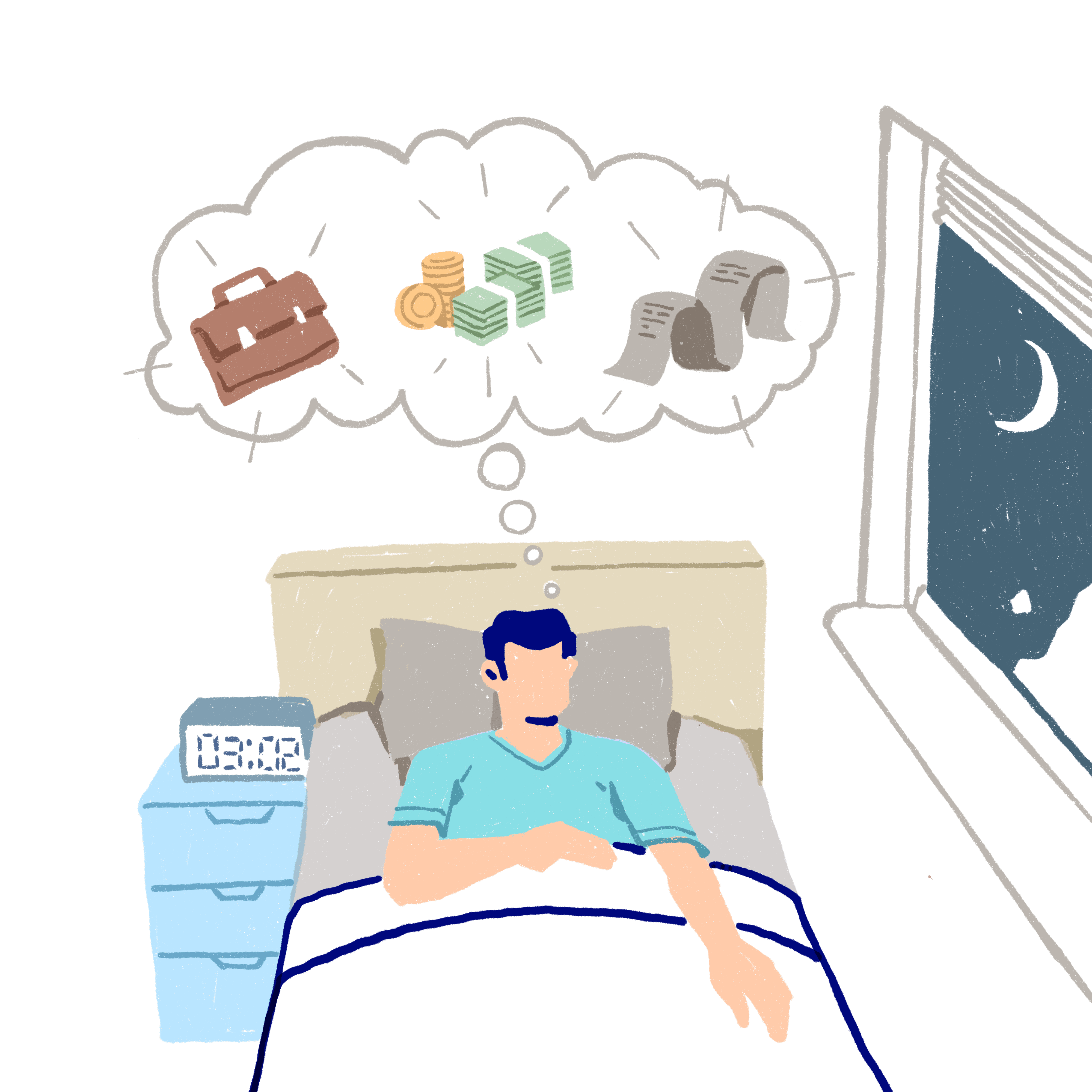 Person lying in bed worrying about money