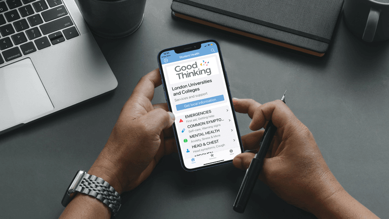 Phone showing the Student Health App London home page