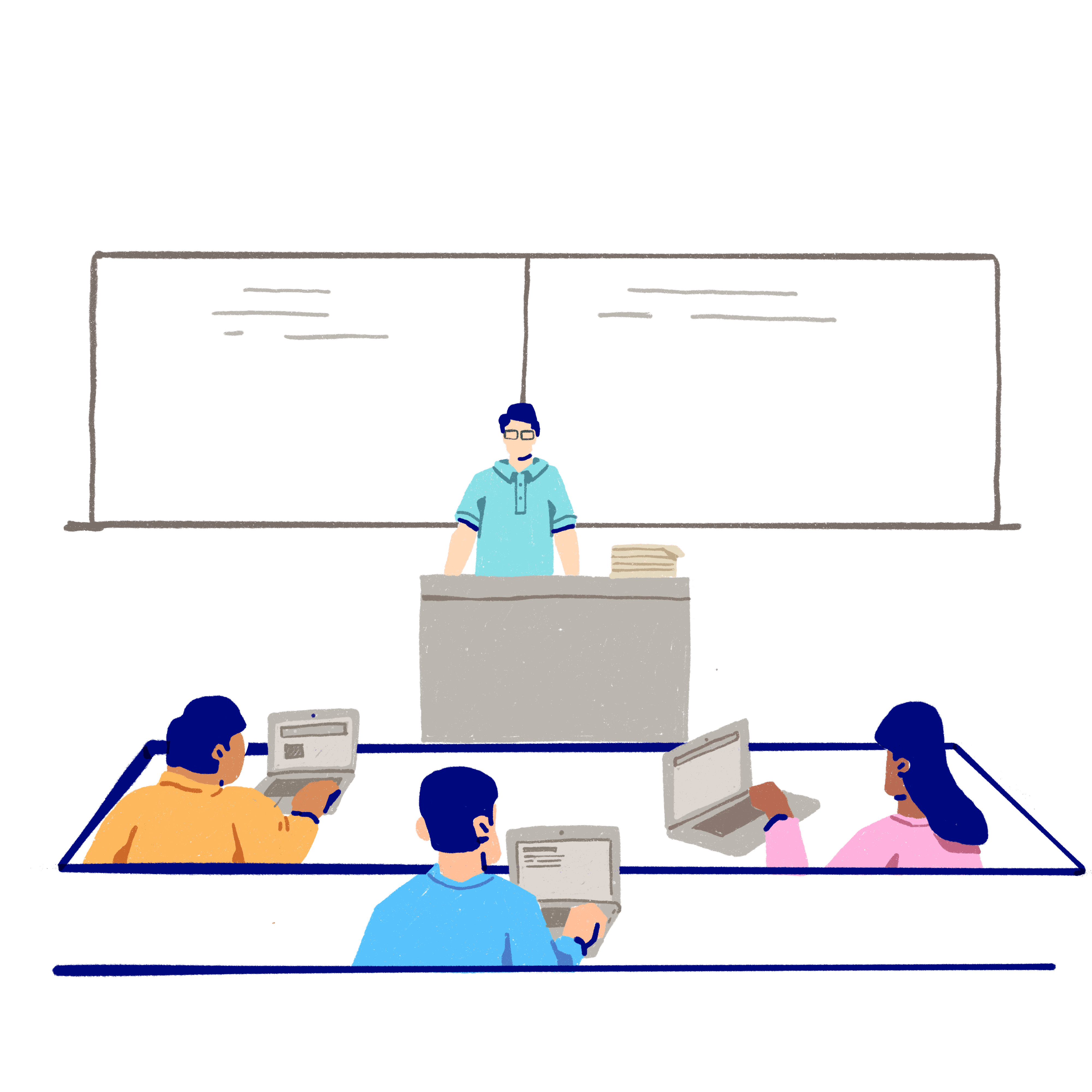 Three students in a lecture theatre listening to lecturer